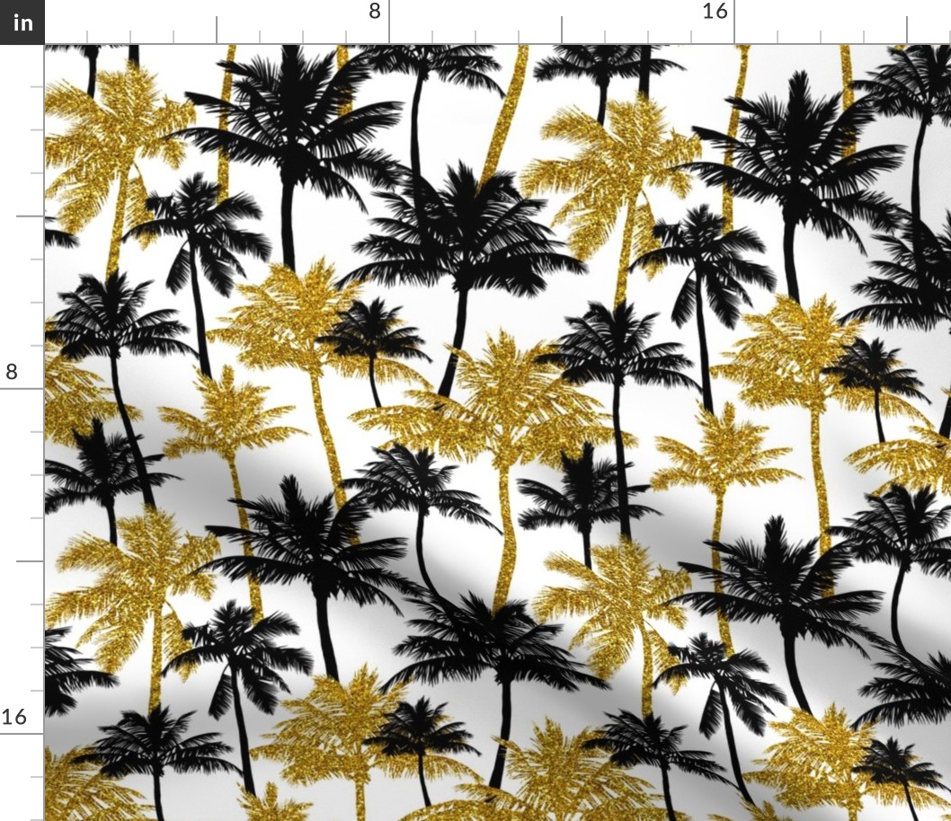  gold glitter palm trees - white, medium. silhuettes golden imitation tropical forest white background summer hot black palm leaves shimmering metal effect texture fabric wallpaper giftwrap 