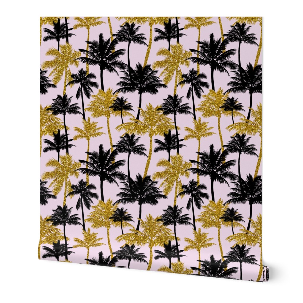 gold glitter palm trees - light pink,  medium. silhuettes golden imitation tropical forest pink background hot summer sunset black palm leaves shimmering metal effect texture fabric wallpaper giftwrap 