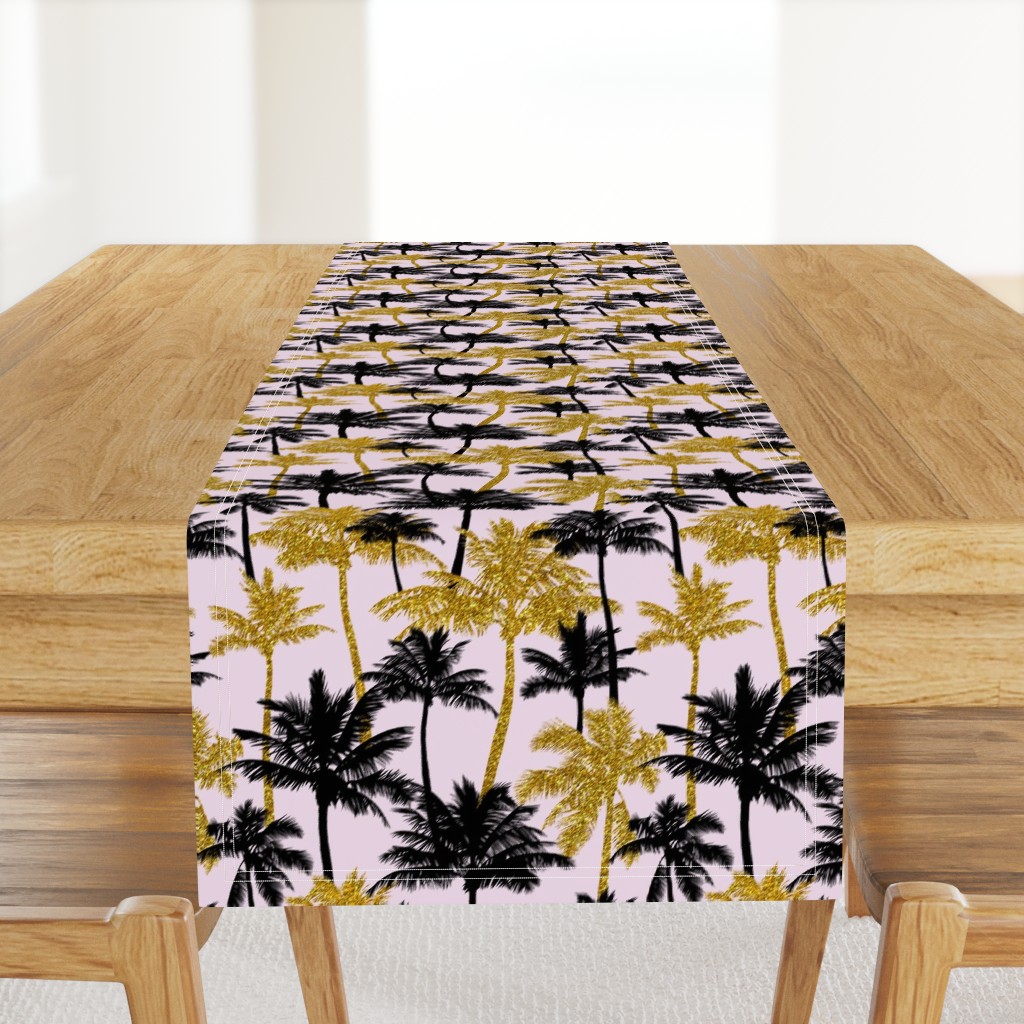 gold glitter palm trees - light pink,  medium. silhuettes golden imitation tropical forest pink background hot summer sunset black palm leaves shimmering metal effect texture fabric wallpaper giftwrap 