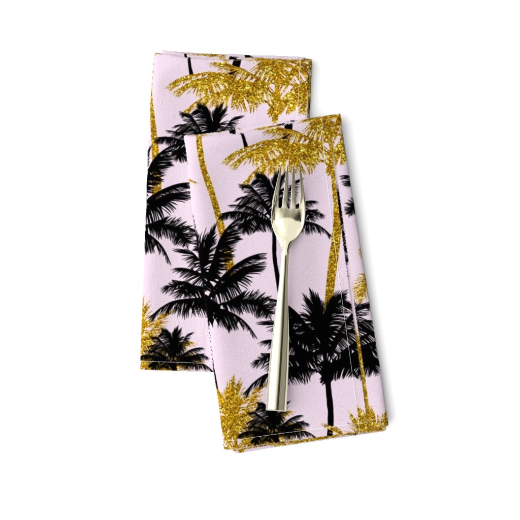 gold glitter palm trees - light pink,  medium. silhuettes golden imitation tropical forest pink background hot summer sunset black palm leaves shimmering metal effect texture fabric wallpaper giftwrap 