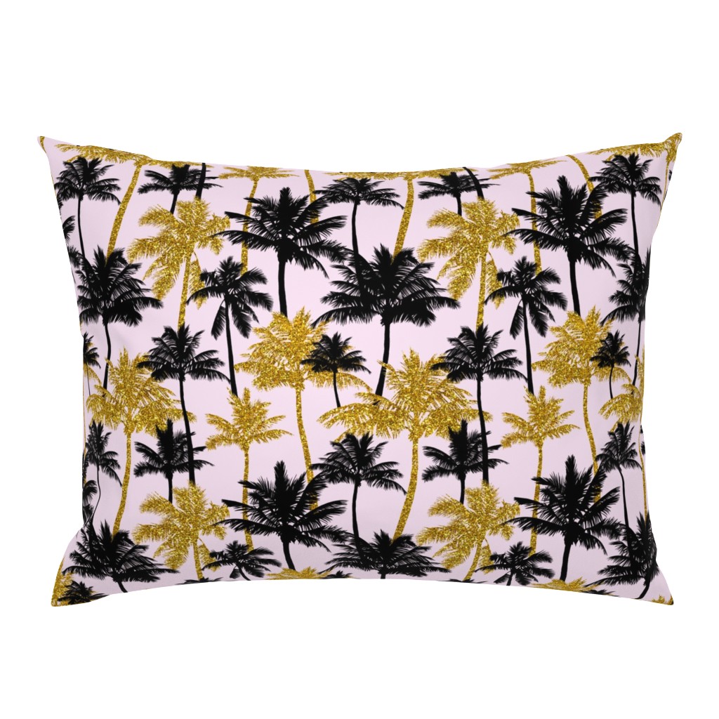 gold glitter palm trees - light pink,  medium. silhuettes golden imitation tropical forest pink background hot summer sunset black palm leaves shimmering metal effect texture fabric wallpaper giftwrap 