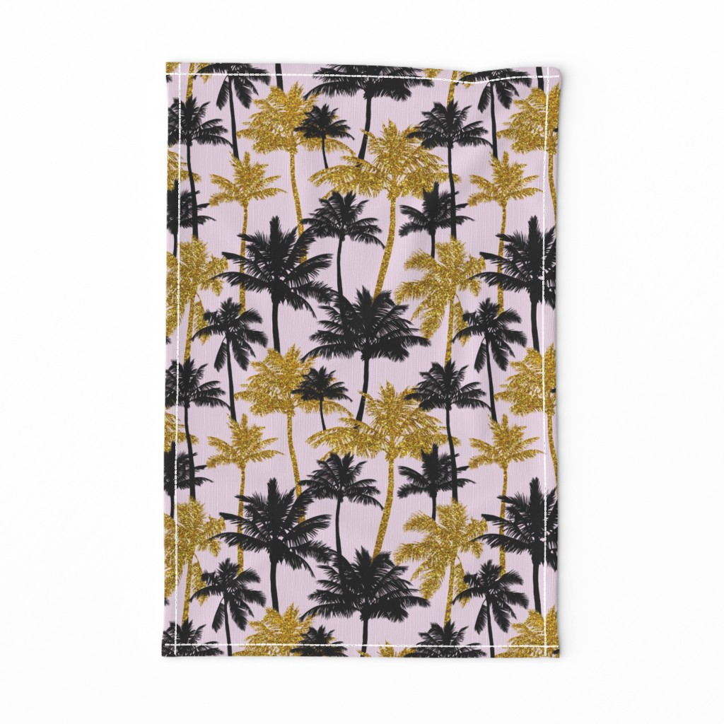 gold glitter palm trees - light pink,  medium. silhuettes golden imitation tropical forest pink background hot summer sunset black palm leaves shimmering metal effect texture fabric wallpaper giftwrap 