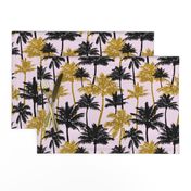 gold glitter palm trees - light pink,  medium. silhuettes golden imitation tropical forest pink background hot summer sunset black palm leaves shimmering metal effect texture fabric wallpaper giftwrap 