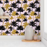 gold glitter palm trees - light pink,  medium. silhuettes golden imitation tropical forest pink background hot summer sunset black palm leaves shimmering metal effect texture fabric wallpaper giftwrap 