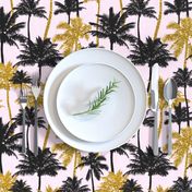 gold glitter palm trees - light pink,  medium. silhuettes golden imitation tropical forest pink background hot summer sunset black palm leaves shimmering metal effect texture fabric wallpaper giftwrap 