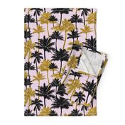 gold glitter palm trees - light pink,  medium. silhuettes golden imitation tropical forest pink background hot summer sunset black palm leaves shimmering metal effect texture fabric wallpaper giftwrap 