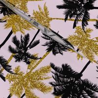 gold glitter palm trees - light pink,  medium. silhuettes golden imitation tropical forest pink background hot summer sunset black palm leaves shimmering metal effect texture fabric wallpaper giftwrap 