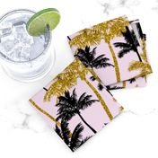 gold glitter palm trees - light pink,  medium. silhuettes golden imitation tropical forest pink background hot summer sunset black palm leaves shimmering metal effect texture fabric wallpaper giftwrap 