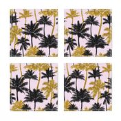 gold glitter palm trees - light pink,  medium. silhuettes golden imitation tropical forest pink background hot summer sunset black palm leaves shimmering metal effect texture fabric wallpaper giftwrap 