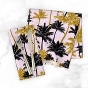 gold glitter palm trees - light pink,  medium. silhuettes golden imitation tropical forest pink background hot summer sunset black palm leaves shimmering metal effect texture fabric wallpaper giftwrap 