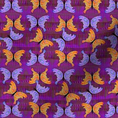 Blue and Orange Butterflies on Purple Background