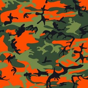 Small Green, Dark Green, Orange, and Black Camouflage (6 inch repeat)