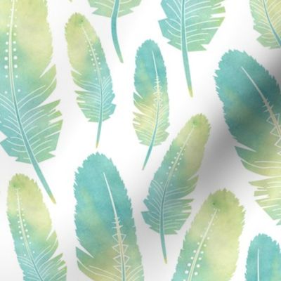 Watercolor Boho Feathers Pattern Green and Blue