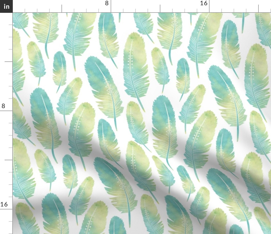 Watercolor Boho Feathers Pattern Green and Blue