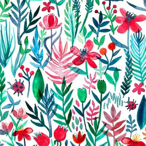 tropical ink watercolor garden on white