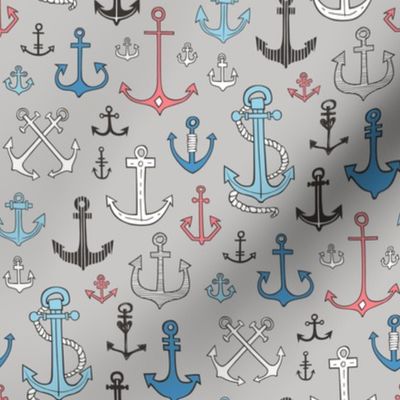 Anchors in Blue Red on Grey