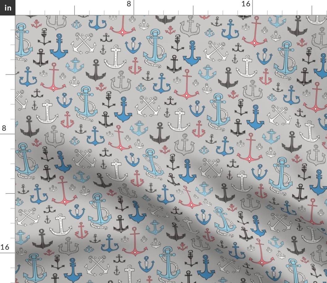 Anchors in Blue Red on Grey