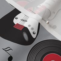 guitars and records on gray