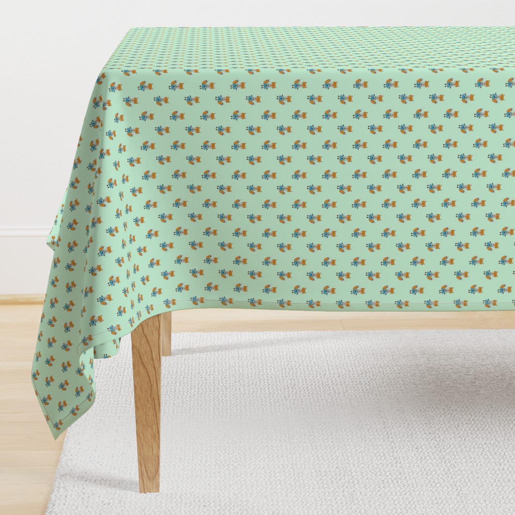 Fox Forest Friends All Over Repeat Pattern on Mint Green