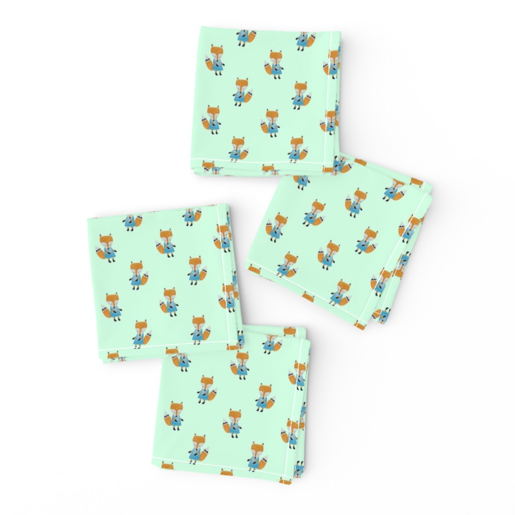 Fox Forest Friends All Over Repeat Pattern on Mint Green