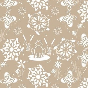 Turtle, Frogs, Flowers and Butterflies Baby Nursery in Brown Tan