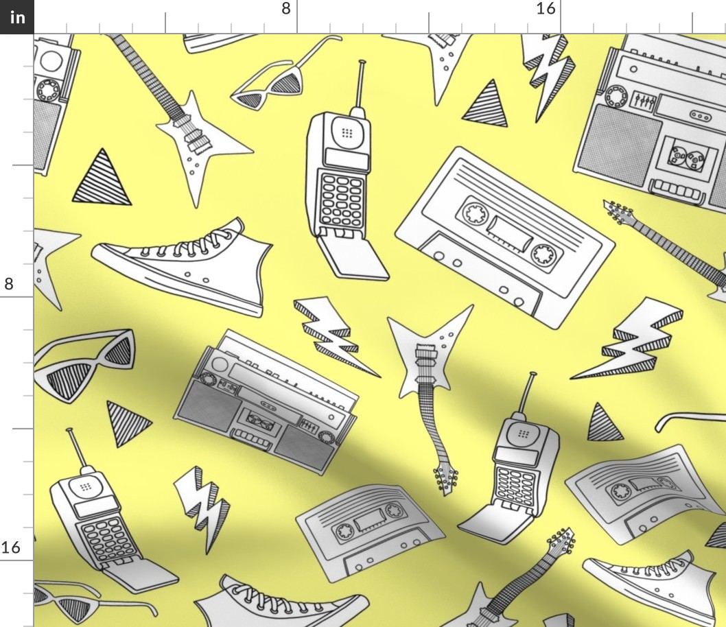 90s Life // 90s Style Illustrations on Fabric, Wallpaper & Gift Wrap // Black and White Illustrations on Yellow