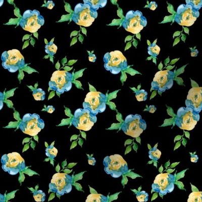 Blue Roses Black - Floral Print