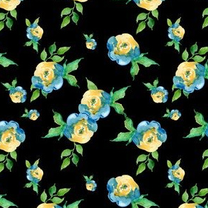 Blue Roses Black - Floral Print