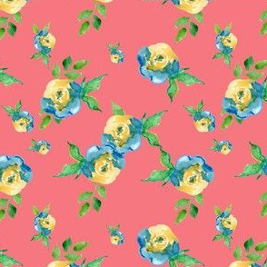 Blue Roses in Coral - Floral Print