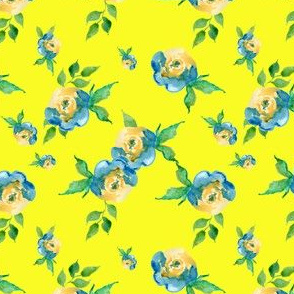 Blue Roses Bright Yellow - Floral Print