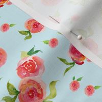 Red Roses Light Blue - Floral Print