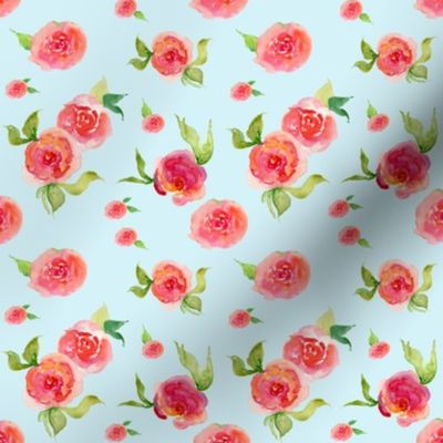 Red Roses Light Blue - Floral Print