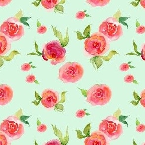 Red Roses Mint - Floral Print