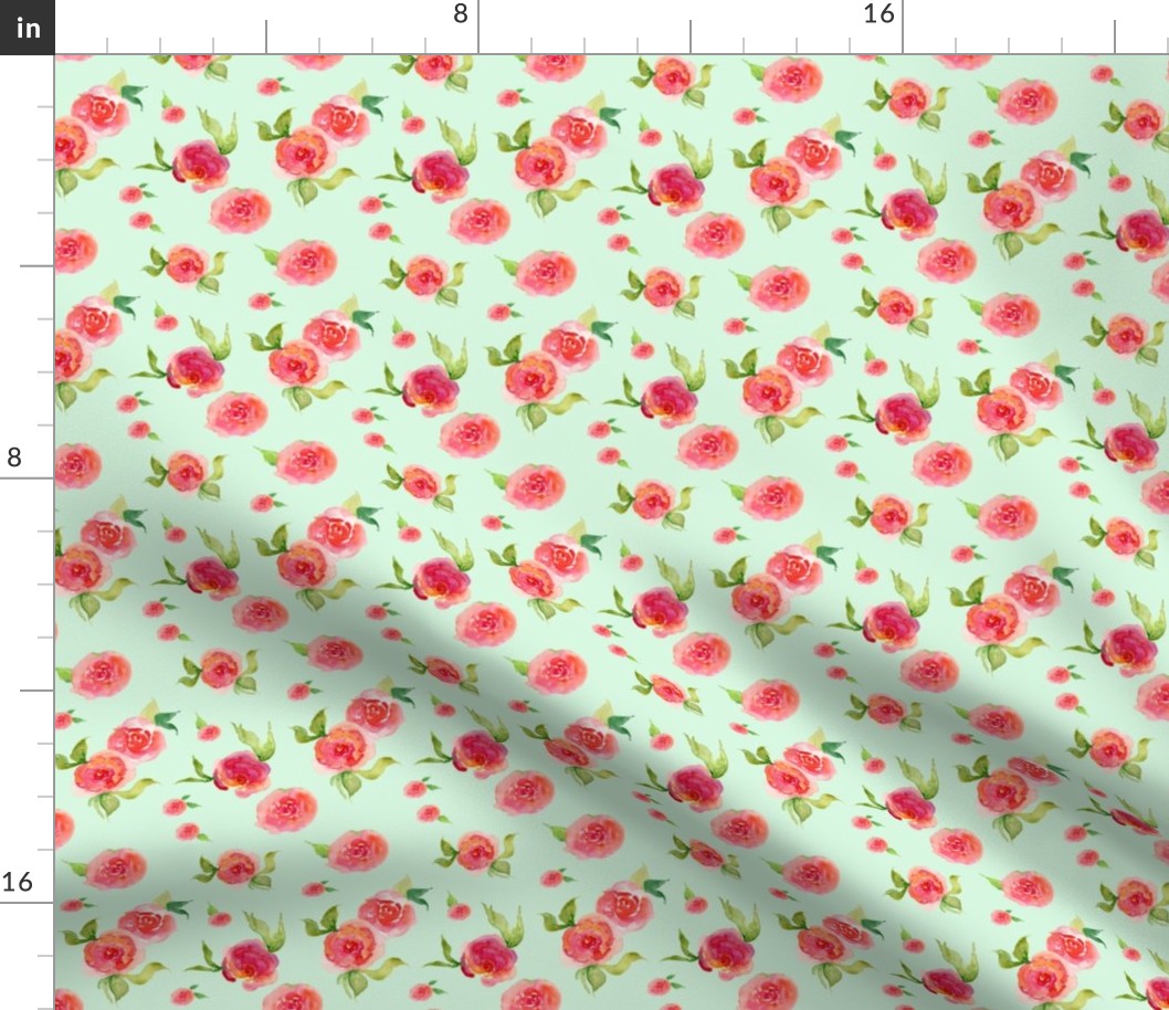 Red Roses Mint - Floral Print