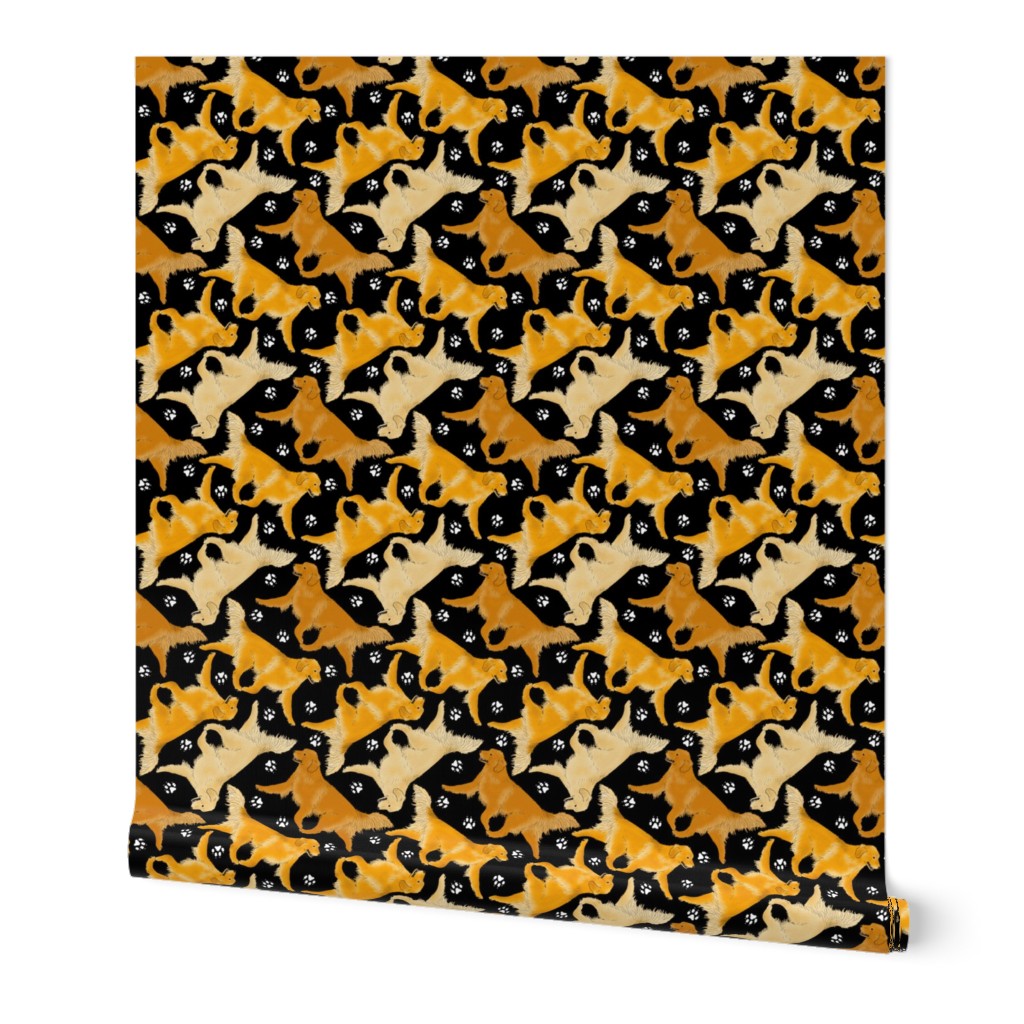 Trotting Golden Retrievers and paw prints - black