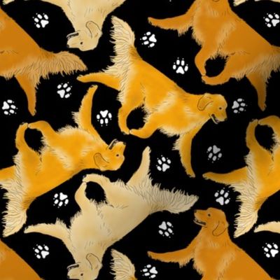 Trotting Golden Retrievers and paw prints - black