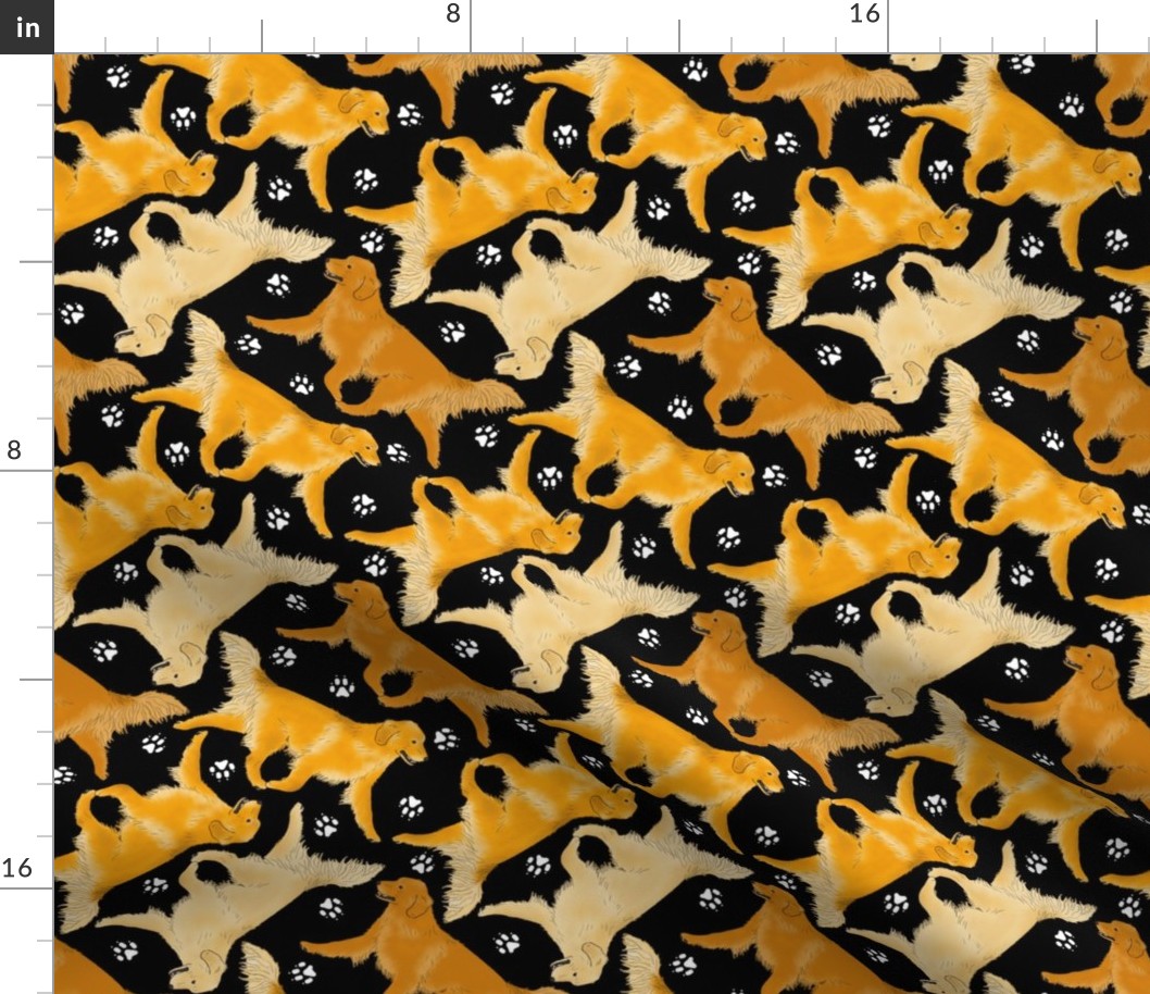 Trotting Golden Retrievers and paw prints - black