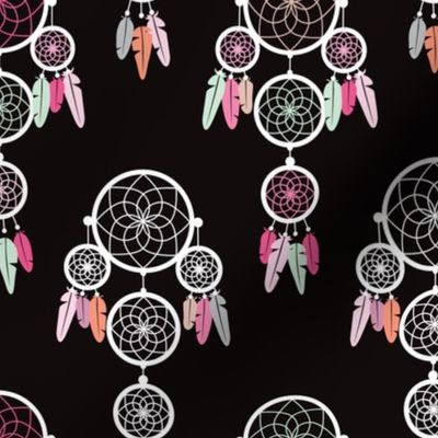 Dreamy dreamcatcher indian boho gypsy summer feathers design pastel black white and colorful green and pink