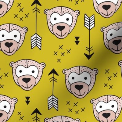 Cute geometric safari monkey zoo fun animals and arrows kids design in mustard