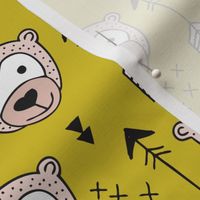 Cute geometric safari monkey zoo fun animals and arrows kids design in mustard