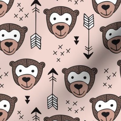 Cute geometric safari monkey zoo fun animals and arrows kids design in gender neutral beige and brown