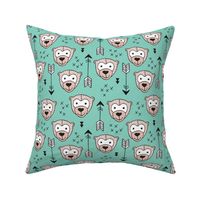 Cute geometric safari monkey zoo fun animals and arrows kids design in gender neutral beige and mint