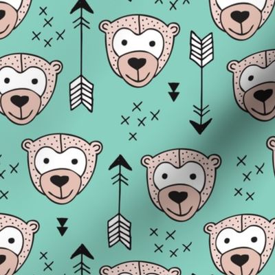 Cute geometric safari monkey zoo fun animals and arrows kids design in gender neutral beige and mint