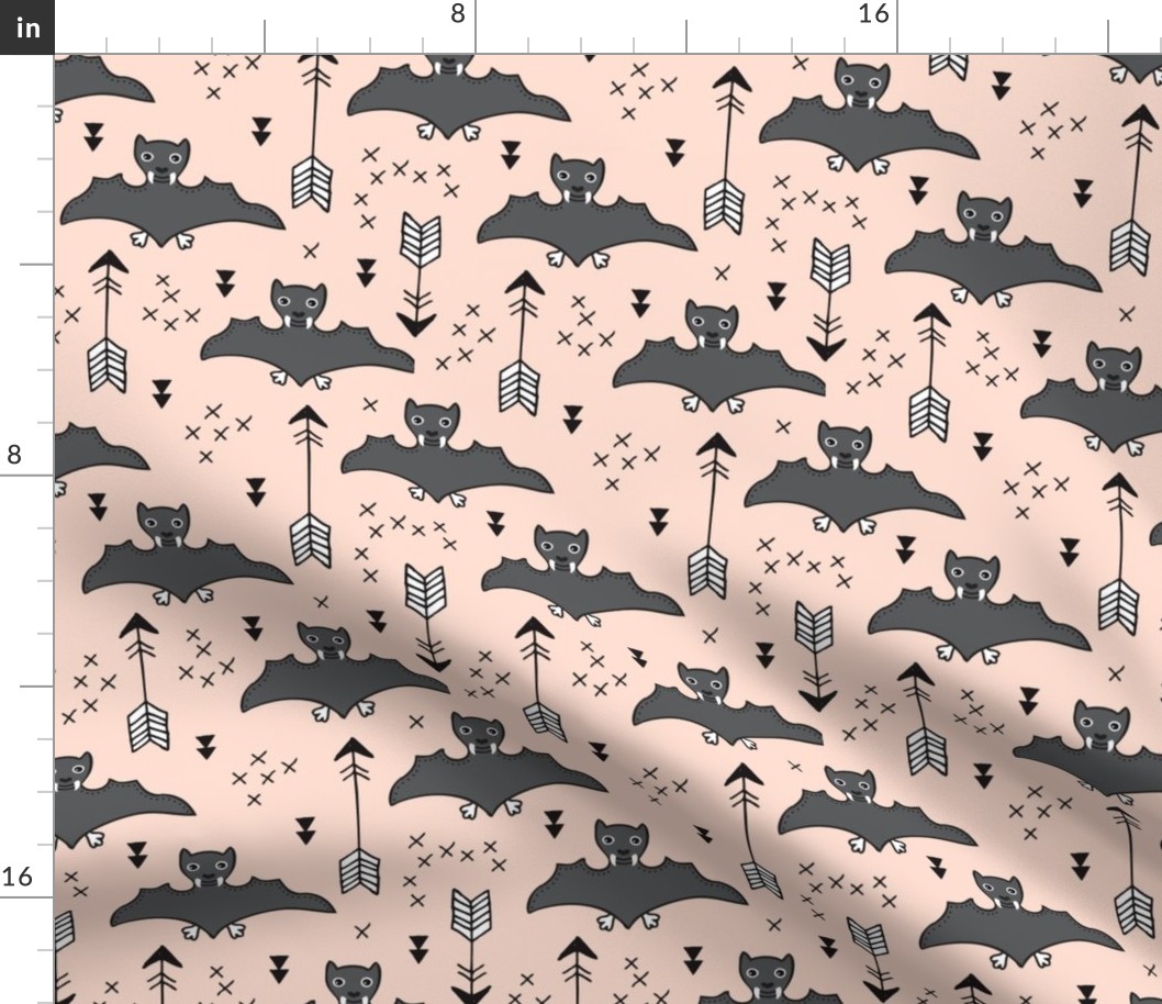 Cool bats flying dogs illustration design with geometric triangles and arrows for halloween and cool fashion gender neutral beige