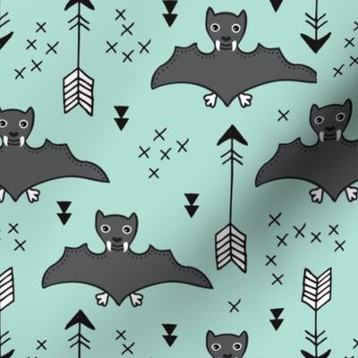Cool bats flying dogs illustration design with geometric triangles and arrows for halloween and cool fashion in mint