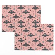 Cool bats flying dogs illustration design with geometric triangles and arrows for halloween and cool fashion pink for girls