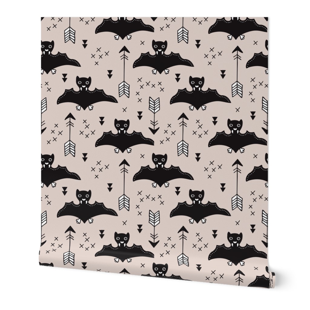 Cool bats flying dogs illustration design with geometric triangles and arrows for halloween and cool fashion gender neutral beige