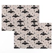 Cool bats flying dogs illustration design with geometric triangles and arrows for halloween and cool fashion gender neutral beige