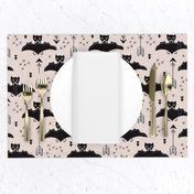 Cool bats flying dogs illustration design with geometric triangles and arrows for halloween and cool fashion gender neutral beige