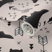 Cool bats flying dogs illustration design with geometric triangles and arrows for halloween and cool fashion gender neutral beige